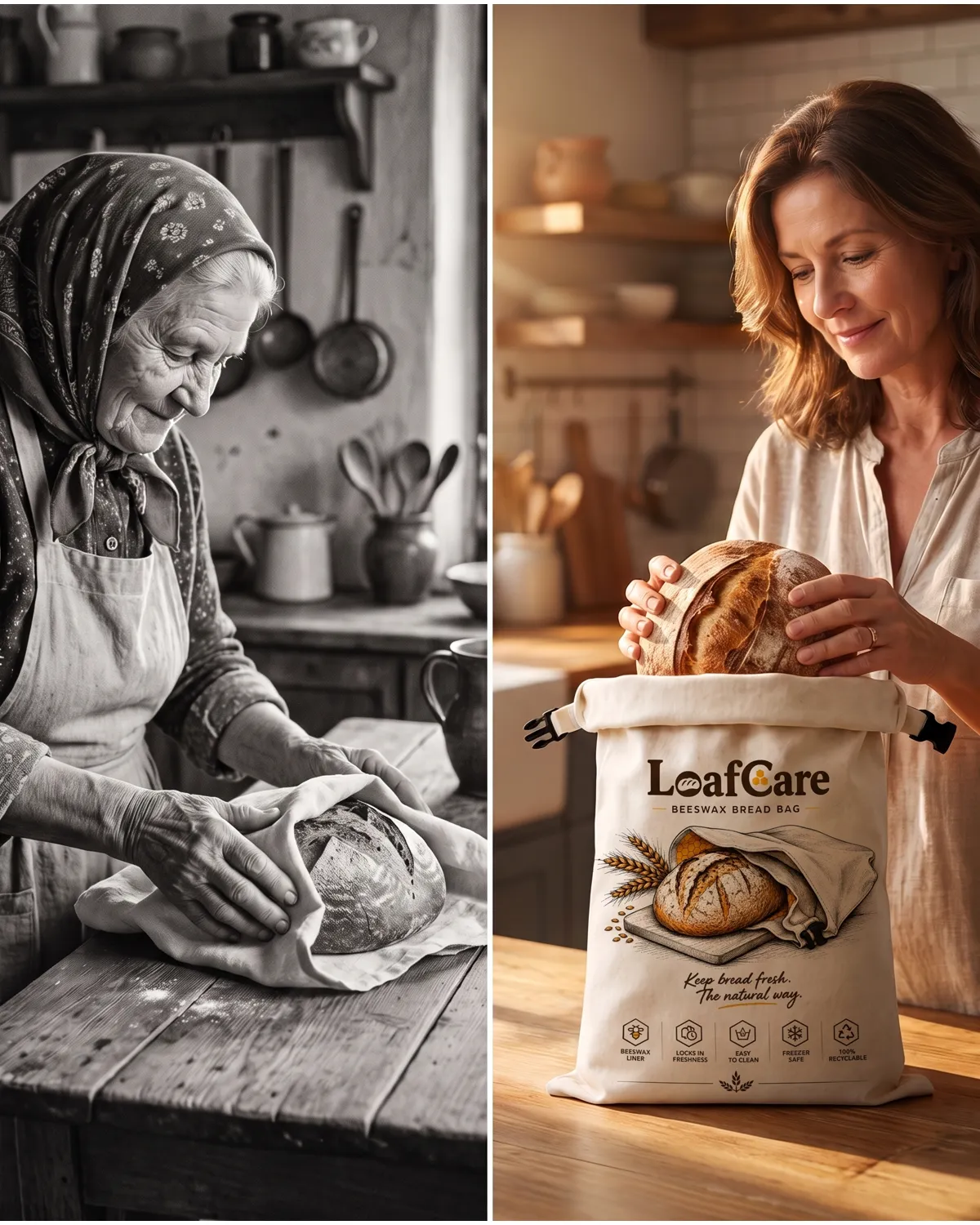 Pain au levain dans un sac en coton et cire d'abeille LoafCare